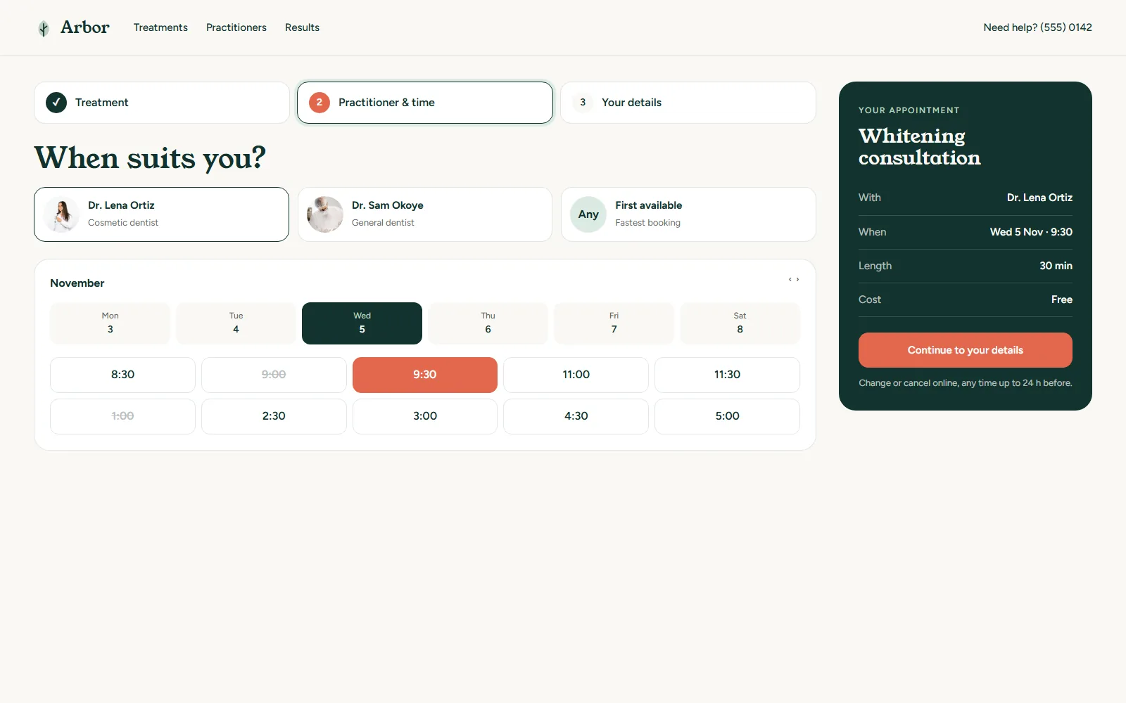 Arbor Dental & Aesthetics Three-step booking on desktop