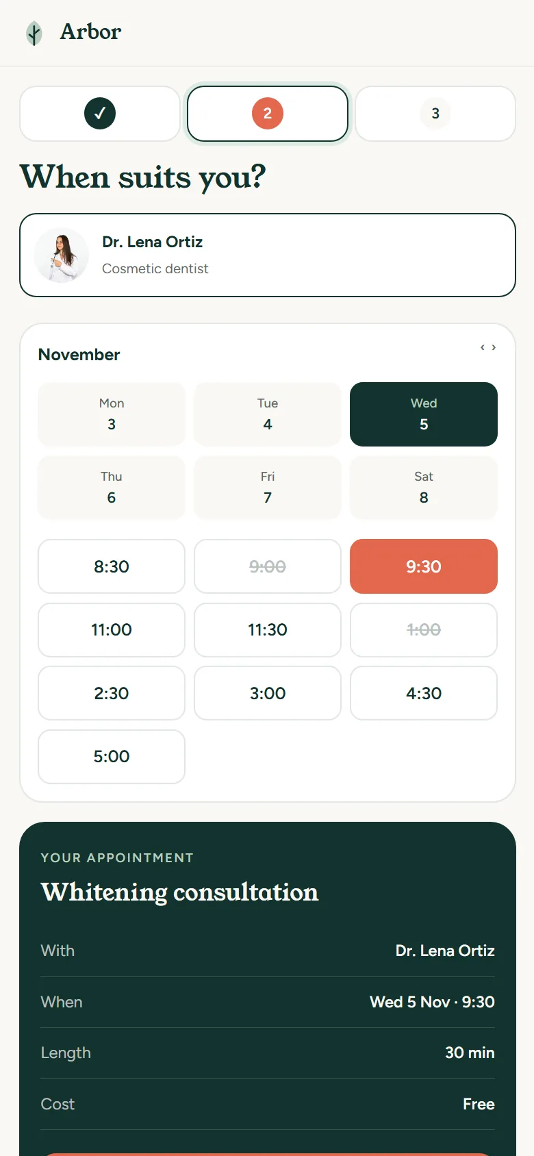 Arbor Dental & Aesthetics Three-step booking on mobile