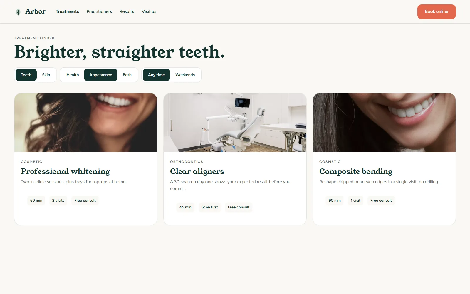 Arbor Dental & Aesthetics Treatment finder on desktop