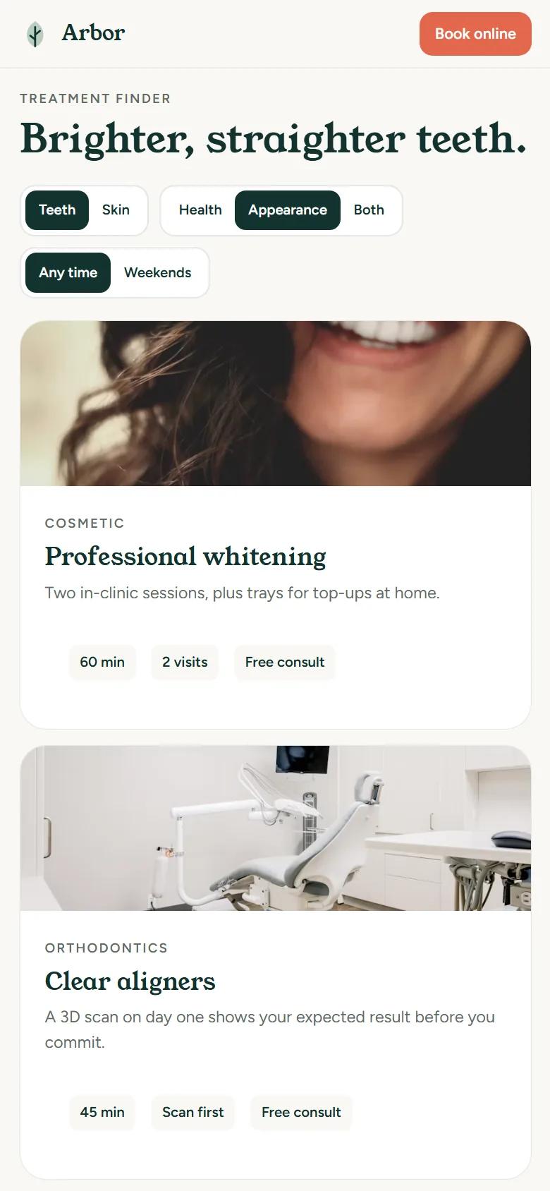 Arbor Dental & Aesthetics Treatment finder on mobile