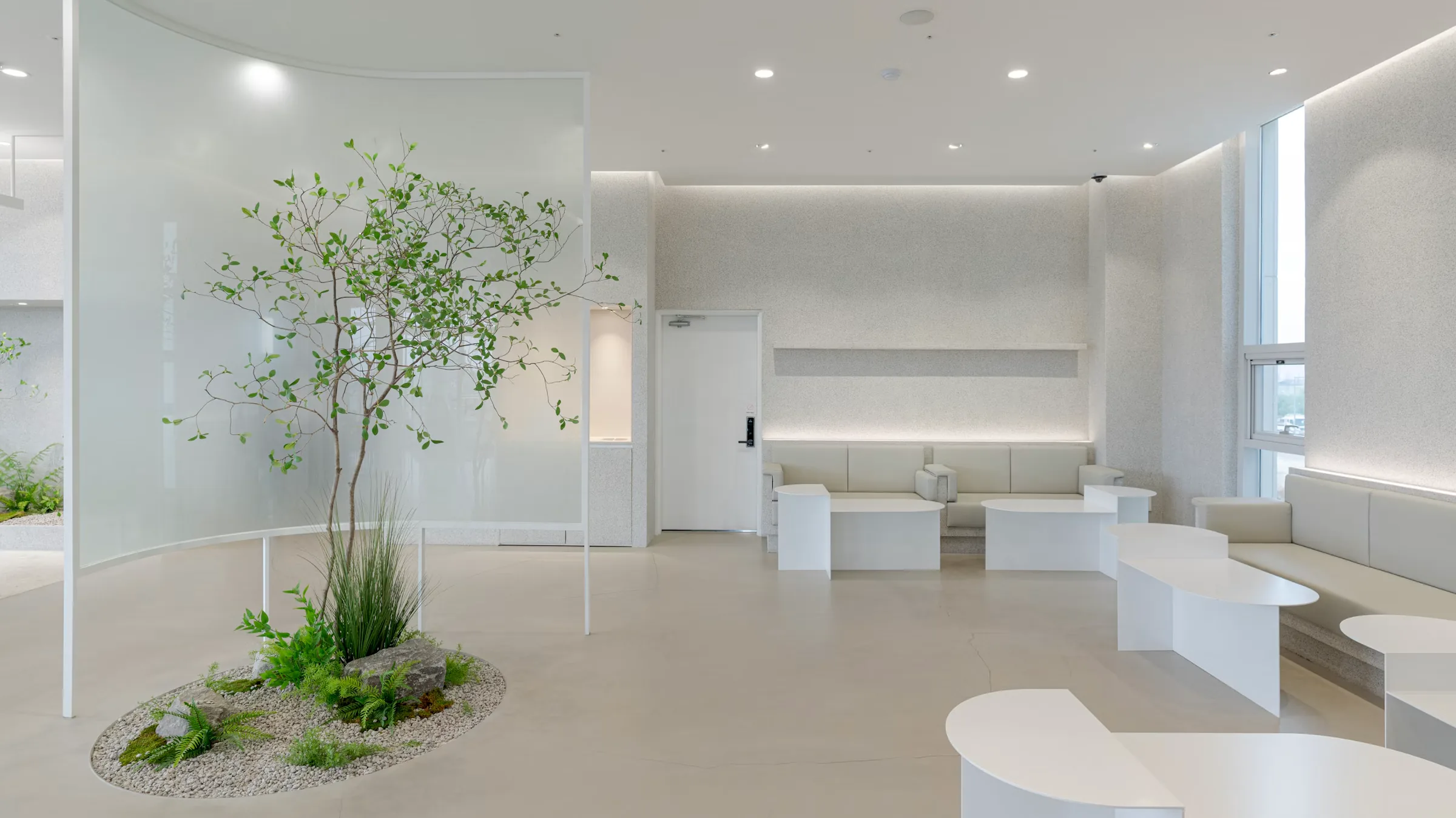 Arbor campaign image: a bright, calm clinic interior with a tree in the centre