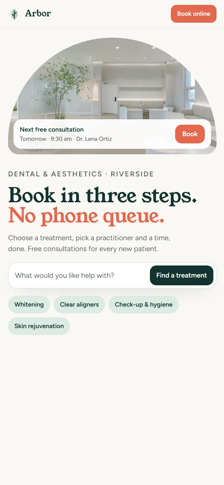 Arbor Dental & Aesthetics Home on mobile
