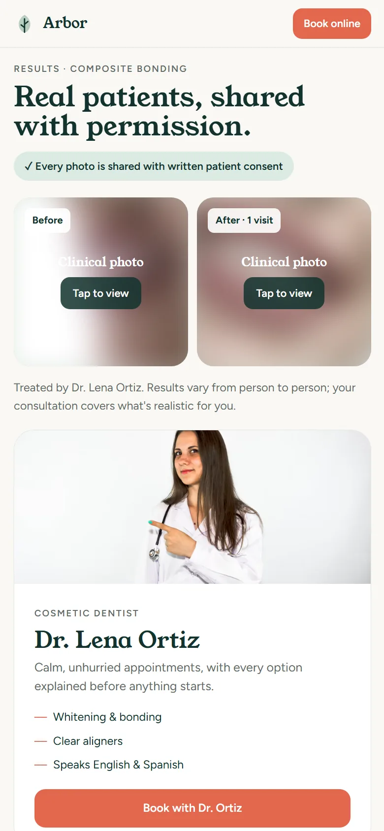 Arbor Dental & Aesthetics Results & practitioner on mobile