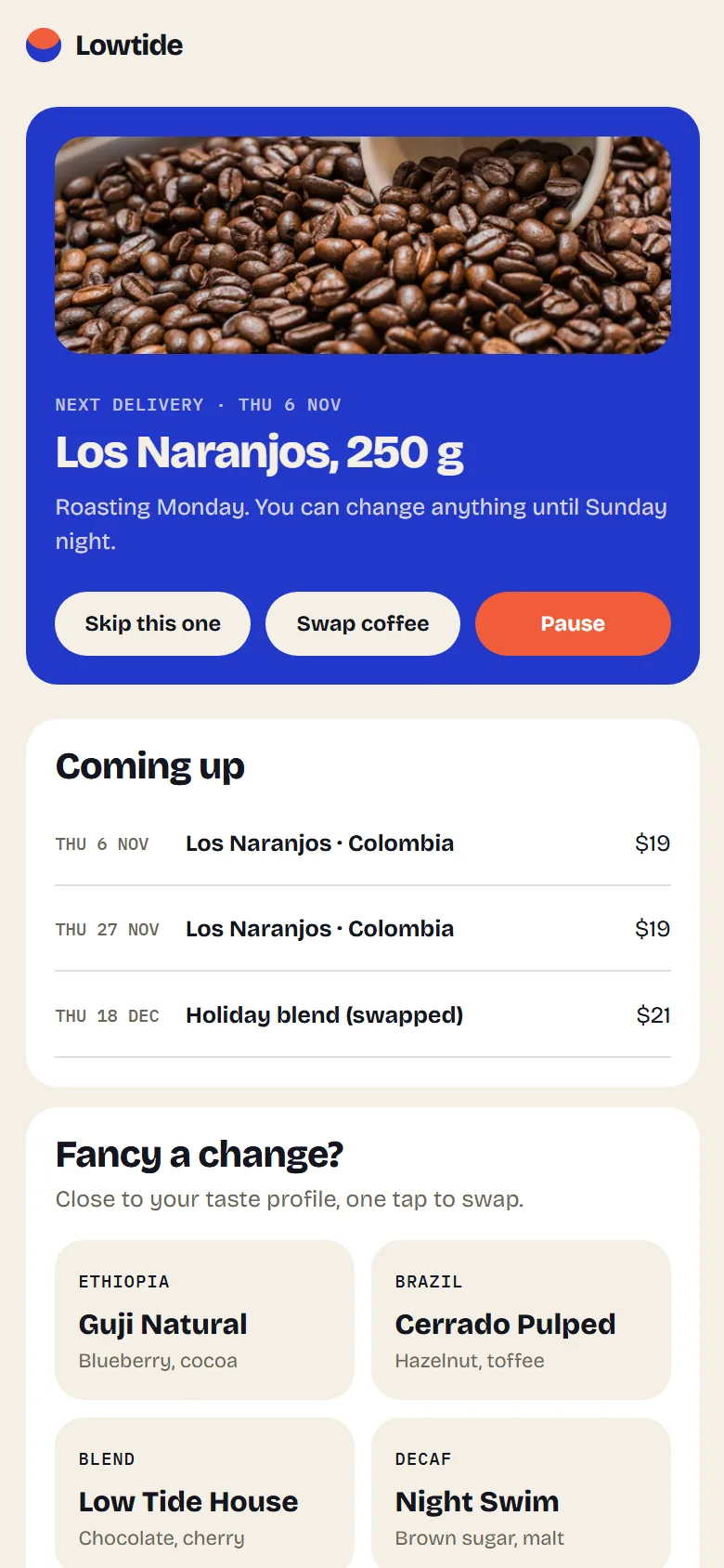 Lowtide Coffee Co. Manage subscription on mobile