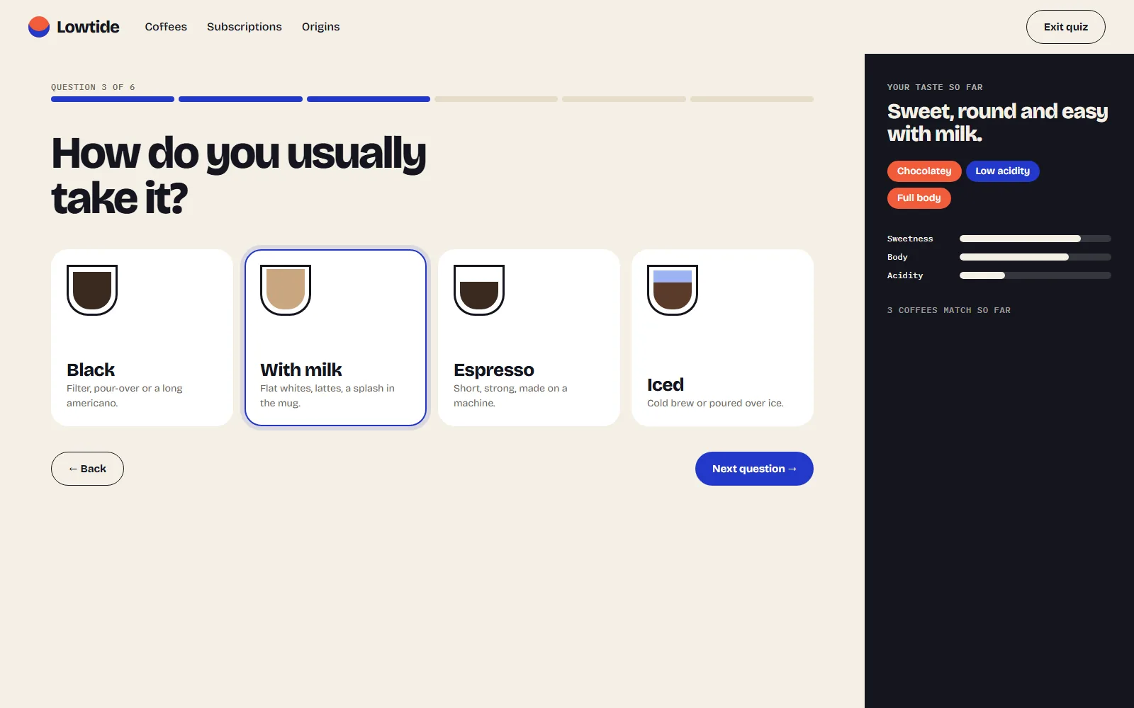 Lowtide Coffee Co. Taste quiz on desktop