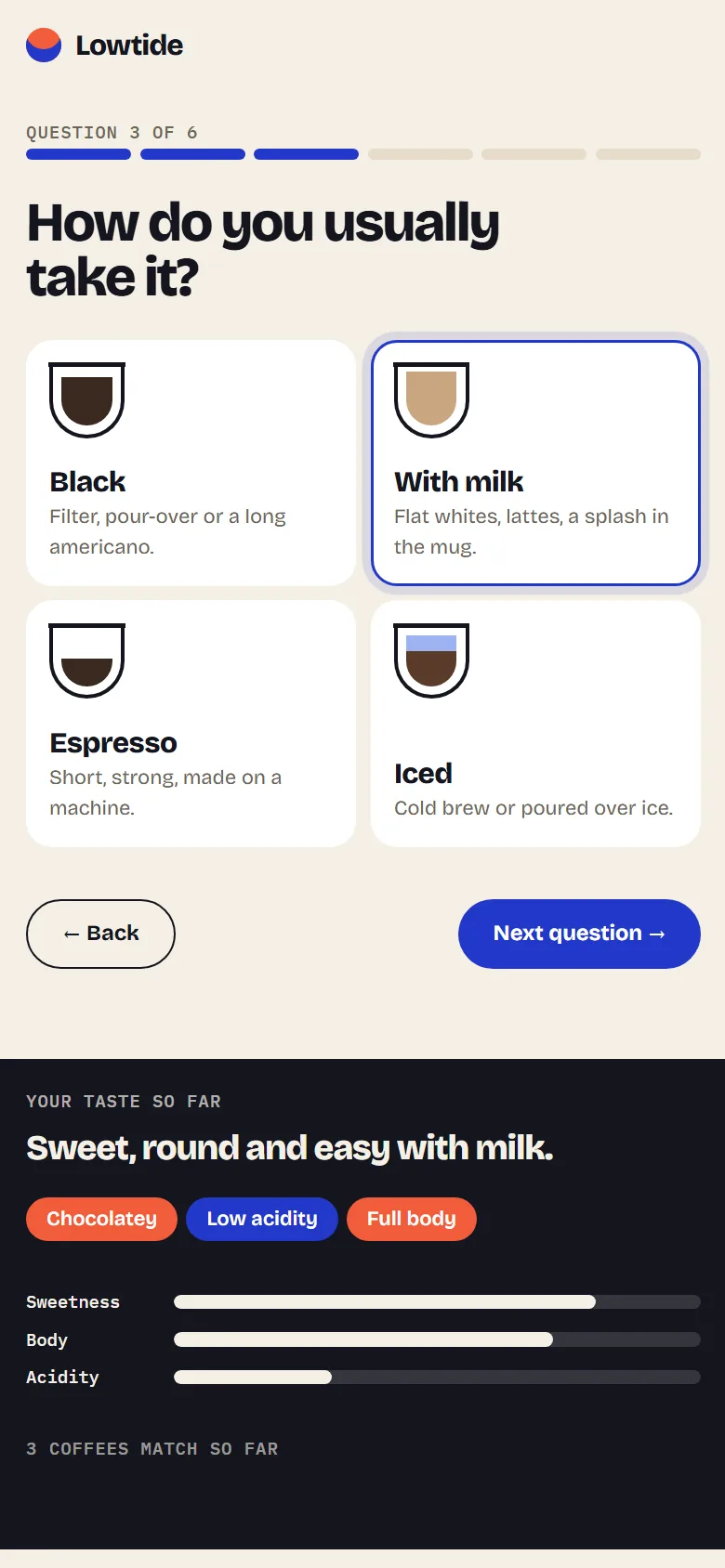 Lowtide Coffee Co. Taste quiz on mobile